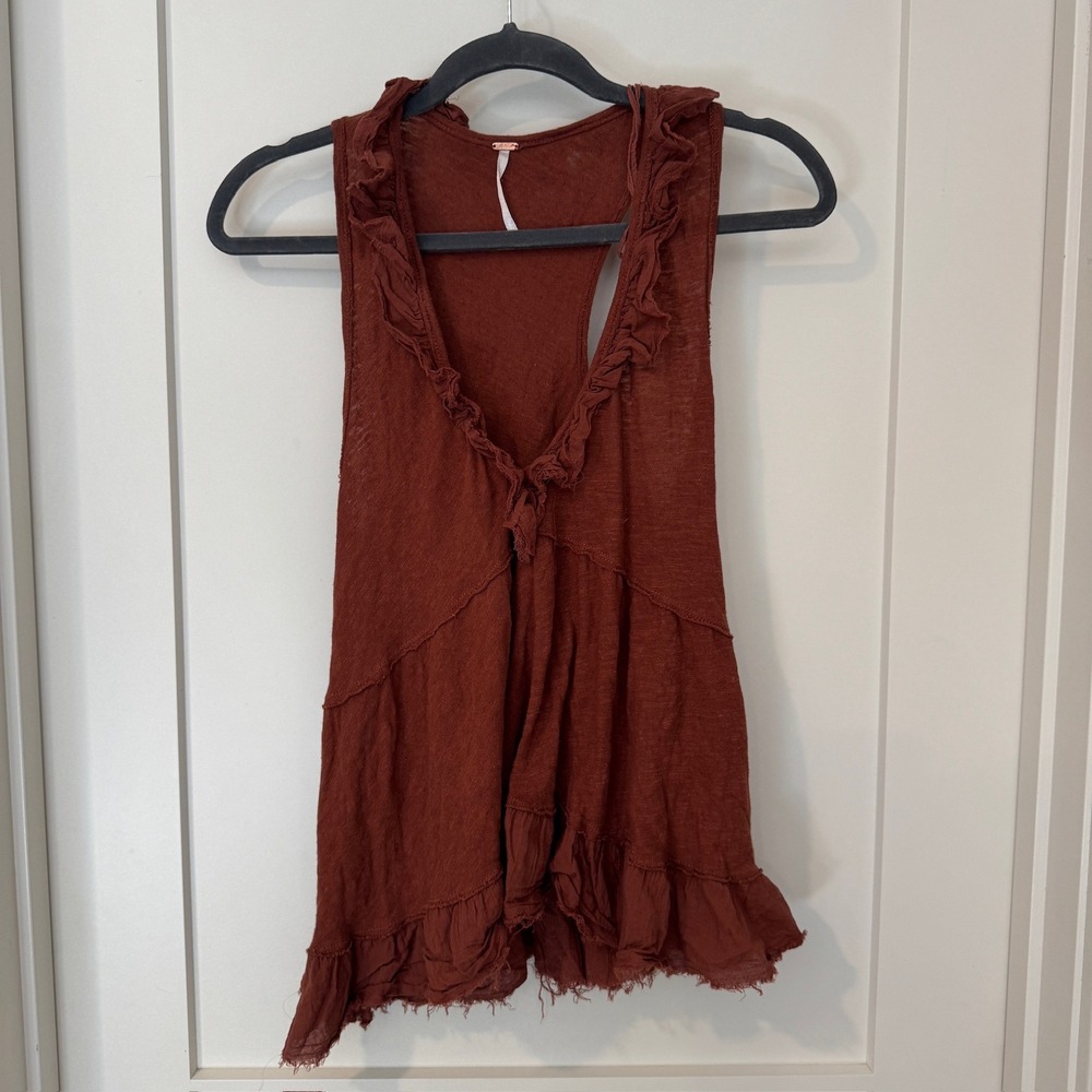 Free People Rust Brown Linen Blend Ruffle Tiered Frayed Hem Tank Top XS